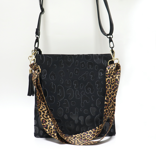 10Pcs Free Shipping Women Crossbody Purse Black Leopard Shoulder Bag with Guitar Strap