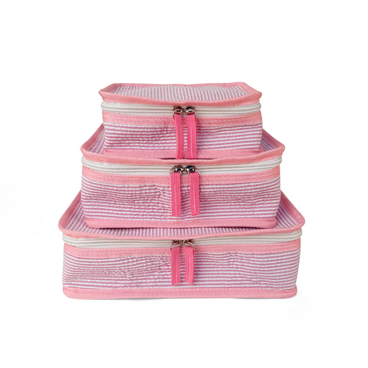 20Pcs Free Shipping 3in1 Seersucker Stacking Set Packing Cube Set Pink Striped Storage Organizer Bags Travel Overnight Luggage Bag